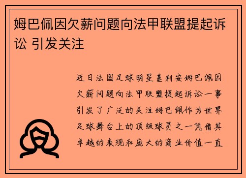 姆巴佩因欠薪问题向法甲联盟提起诉讼 引发关注
